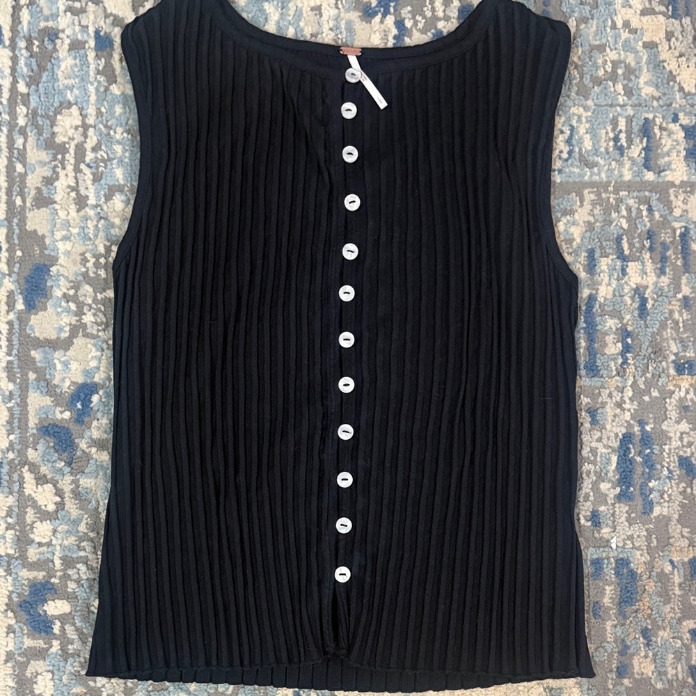 Free People Black Ribbed Button-Front Tank